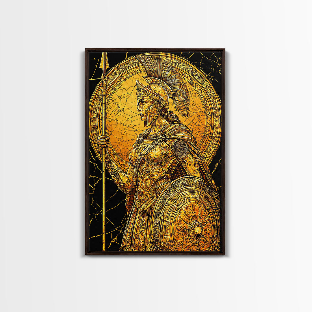 Athena Warrior Goddess With Spear And Shield, Canvas Gold Canvas Print, Real Wood Frame, Greek Myth Wall Art, Strength Decor