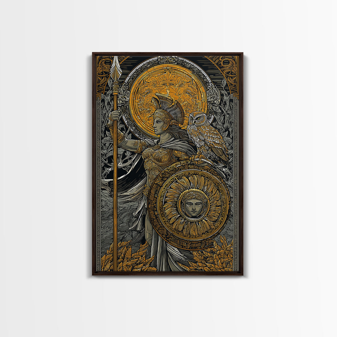 Athena With Owl Wisdom Goddess Art, Canvas Gold Art Print, Real Wood Frame, Greek Mythology Wall Hanging, Protection Decor