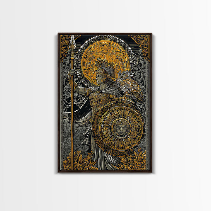 Athena With Owl Wisdom Goddess Art, Canvas Gold Art Print, Real Wood Frame, Greek Mythology Wall Hanging, Protection Decor