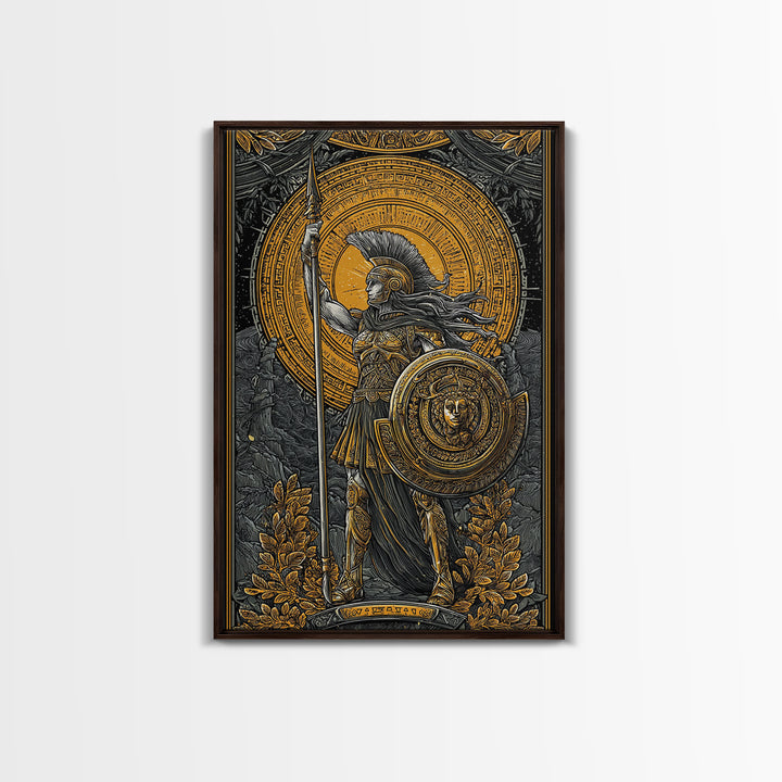 Athena Goddess Of War And Wisdom, Canvas Gold Canvas Print, Real Wood Frame, Greek Warrior Wall Art, Mythology Inspired Decor