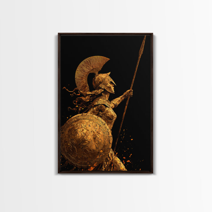 Athena Warrior Goddess With Spear And Shield, Canvas Gold Canvas Print, Real Wood Frame, Greek Mythology Wall Art
