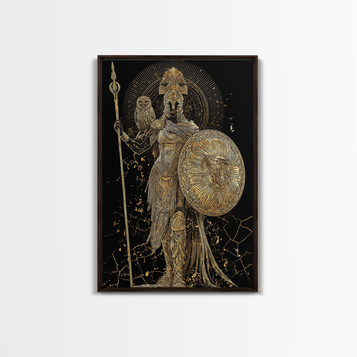 Athena With Owl And Shield Of Wisdom, Canvas Gold Art Print, Real Wood Frame, Ancient Greek Mythology Warrior Decor
