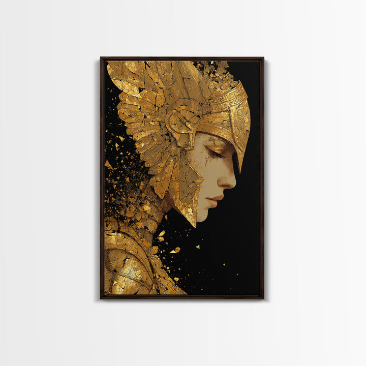 Athena Close Up Portrait In Armor, Canvas Gold Canvas Print, Real Wood Frame, Greek Goddess Warrior Mythology Wall Art