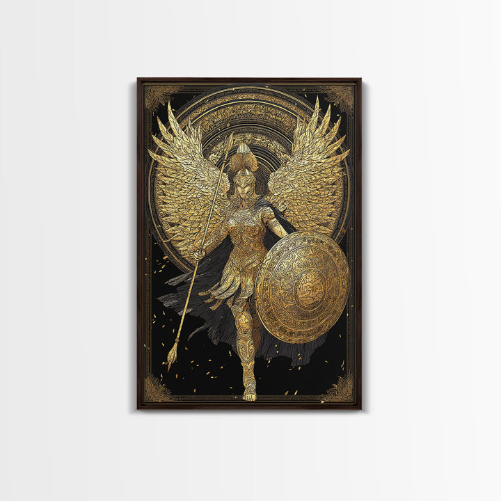 Athena Winged Warrior Goddess With Shield, Canvas Gold Art Print, Real Wood Frame, Greek Mythology Goddess Wall Decor