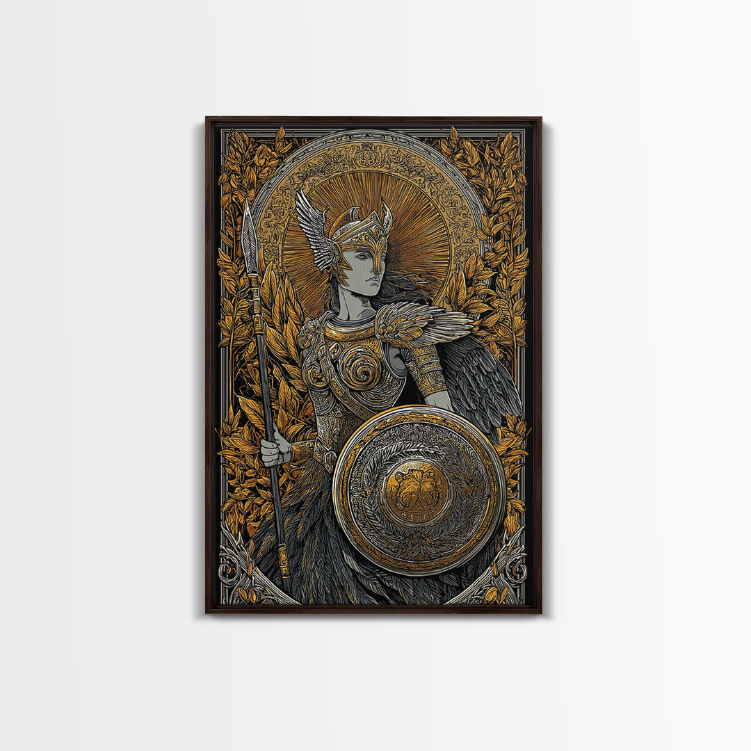 Athena Goddess Of Wisdom With Spear, Canvas Gold Canvas Print, Real Wood Frame, Greek Mythology Warrior Goddess Art