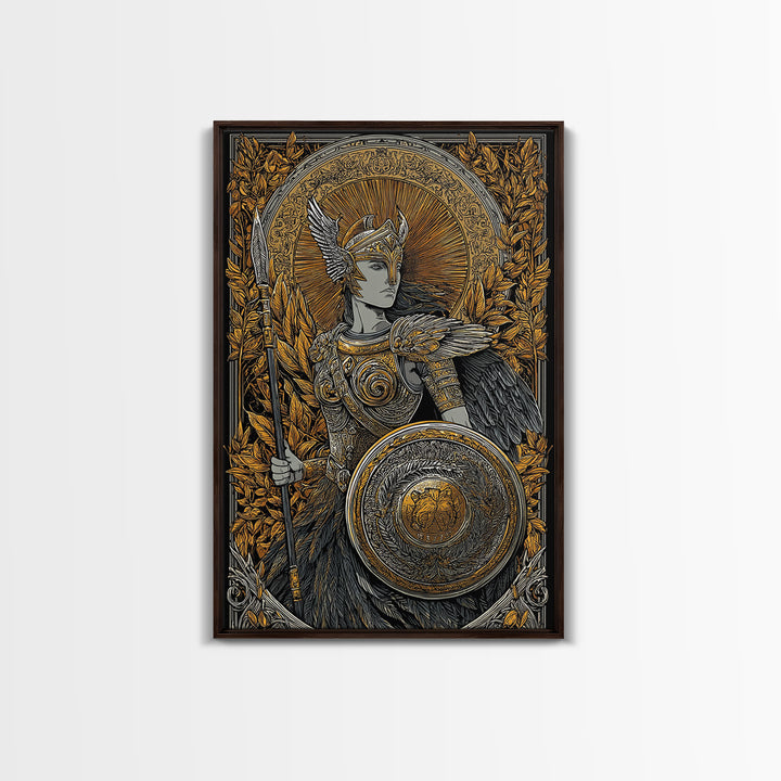 Athena Goddess Of Wisdom With Spear, Canvas Gold Canvas Print, Real Wood Frame, Greek Mythology Warrior Goddess Art