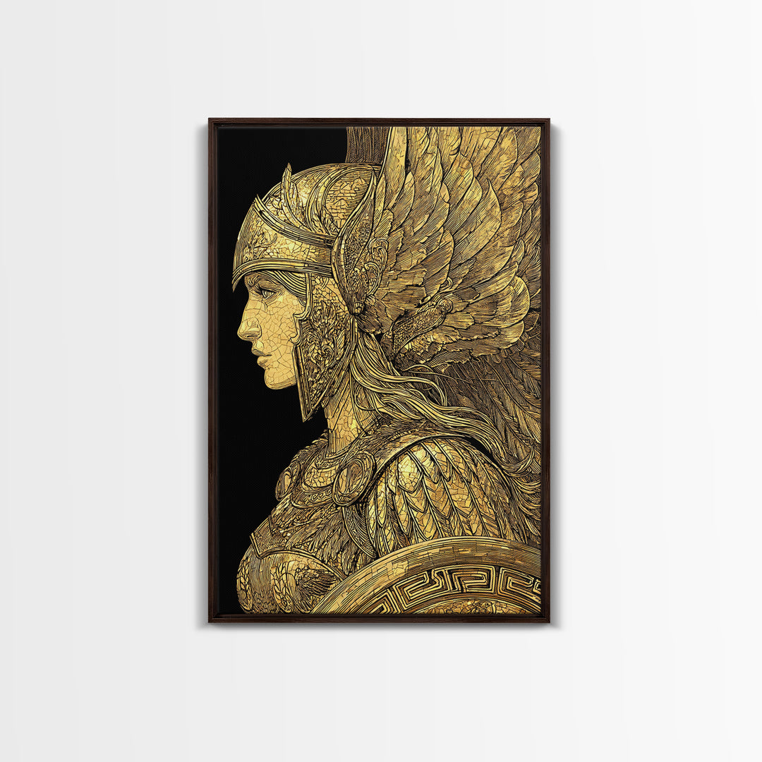 Athena Warrior Goddess Profile With Wings, Canvas Gold Art Print, Real Wood Frame, Greek Mythology Goddess Wall Art
