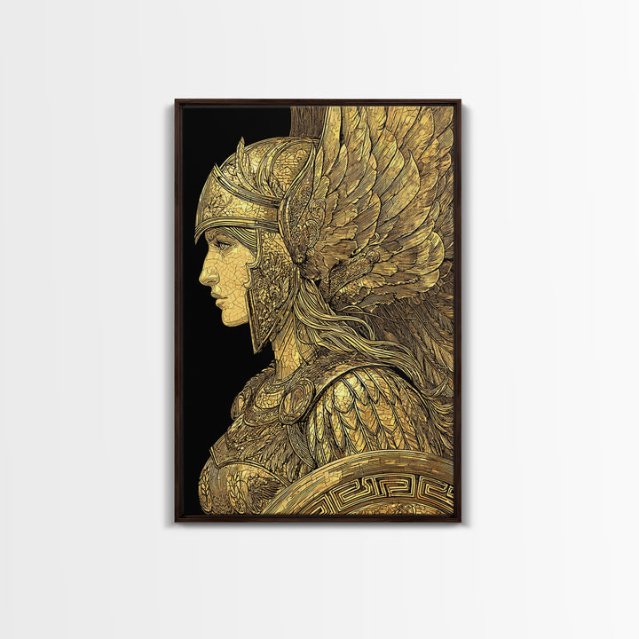Athena Warrior Goddess Profile With Wings, Canvas Gold Art Print, Real Wood Frame, Greek Mythology Goddess Wall Art