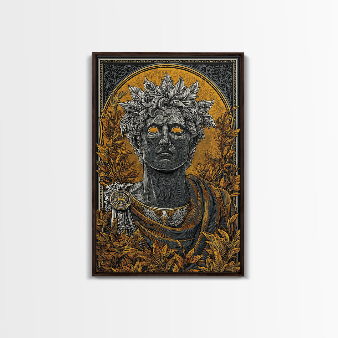 Apollo God Bust Surrounded By Laurel Leaves, Canvas Gold Art Print, Greek Mythology Wall Decor, Real Wood Frame Artwork