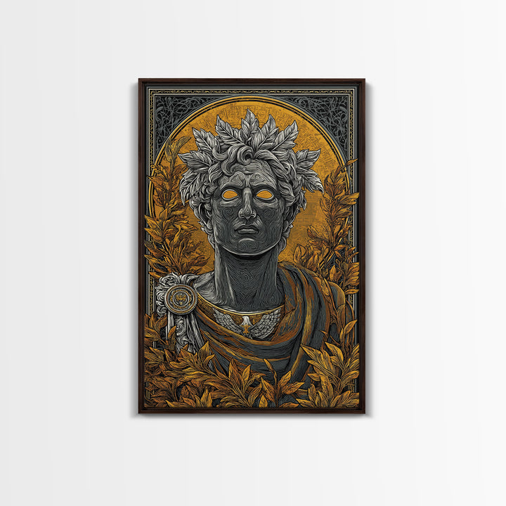 Apollo God Bust Surrounded By Laurel Leaves, Canvas Gold Art Print, Greek Mythology Wall Decor, Real Wood Frame Artwork