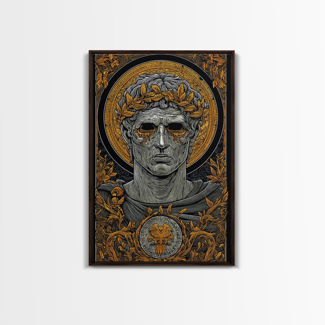 Caesar Inspired Roman Bust, Canvas Gold Canvas Print, Ancient Rome Decorative Wall Art, Mythology Style, Real Wood Frame