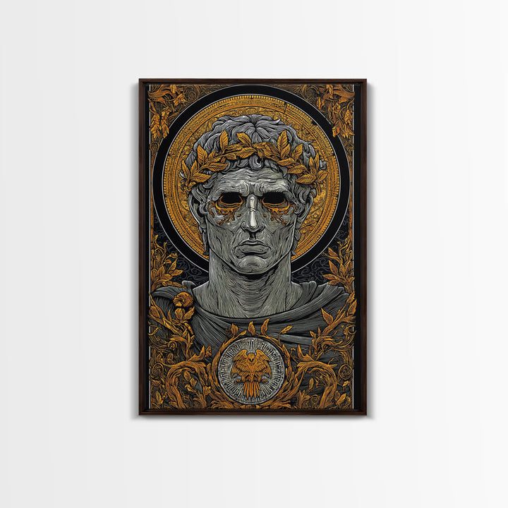 Caesar Inspired Roman Bust, Canvas Gold Canvas Print, Ancient Rome Decorative Wall Art, Mythology Style, Real Wood Frame
