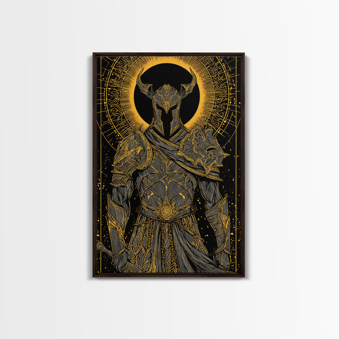 Warrior In Ornate Armor With Glowing Halo, Canvas Gold Canvas Print, Medieval Fantasy Knight Artwork, Real Wood Frame Decor