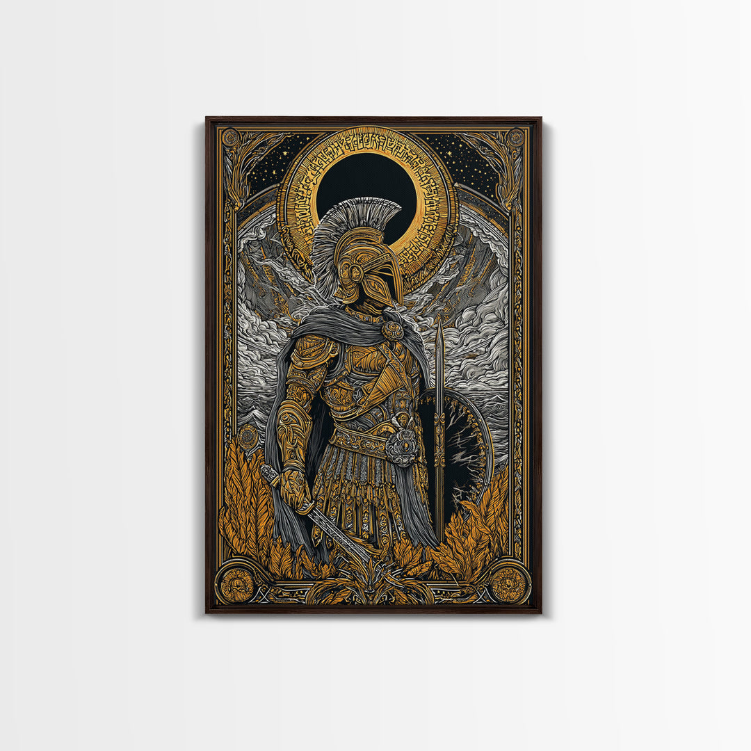 Greek Hoplite Soldier With Shield And Sword, Canvas Gold Art Print, Mythology Inspired Wall Decor, Real Wood Frame Design