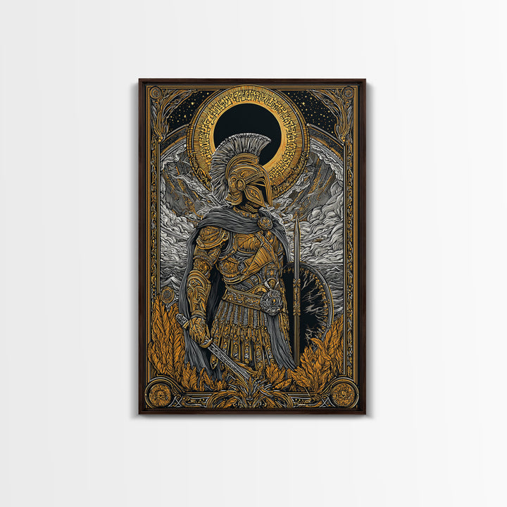 Greek Hoplite Soldier With Shield And Sword, Canvas Gold Art Print, Mythology Inspired Wall Decor, Real Wood Frame Design