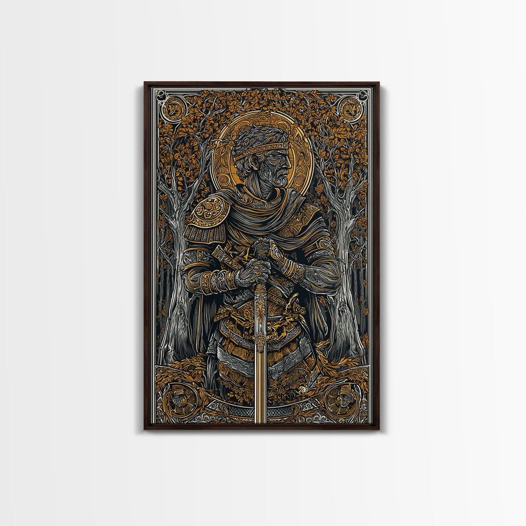 King With Sword In Ornate Armor, Canvas Gold Canvas Print, Medieval Mythology Warrior Wall Art, Real Wood Frame Decoration