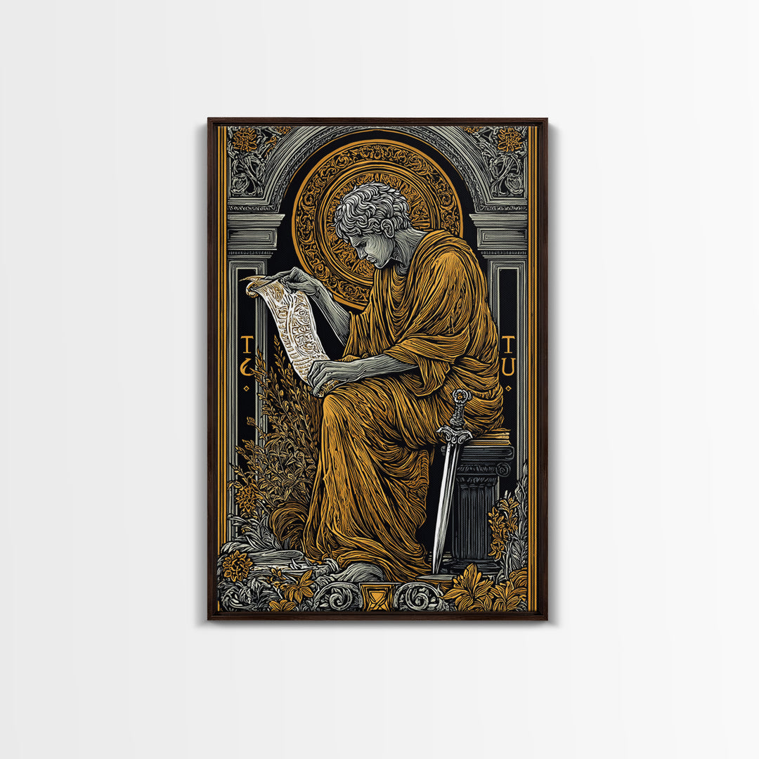 Scholar Reading Ancient Scroll, Canvas Gold Art Print, Roman Inspired Decorative Wall Art, Mythology Style, Real Wood Frame