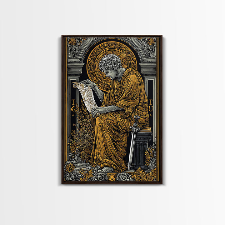 Scholar Reading Ancient Scroll, Canvas Gold Art Print, Roman Inspired Decorative Wall Art, Mythology Style, Real Wood Frame