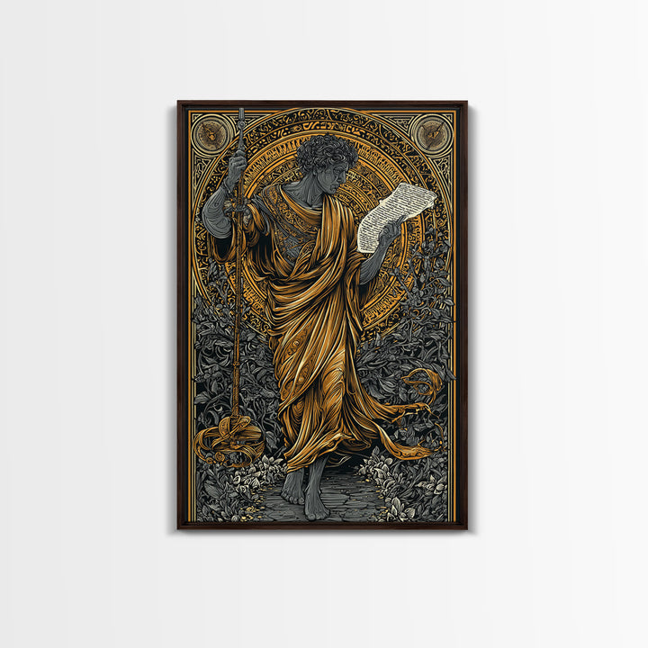 Philosopher Holding Spear And Scroll, Canvas Gold Canvas Print, Classical Greek Wall Art, Mythology Inspired, Real Wood Frame