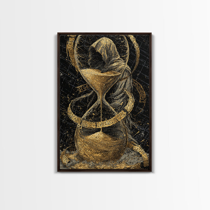 Hooded Figure In Hourglass Timepiece, Canvas Gold Art Print, Mythological Decorative Wall Art, Symbolic Design, Real Wood Frame