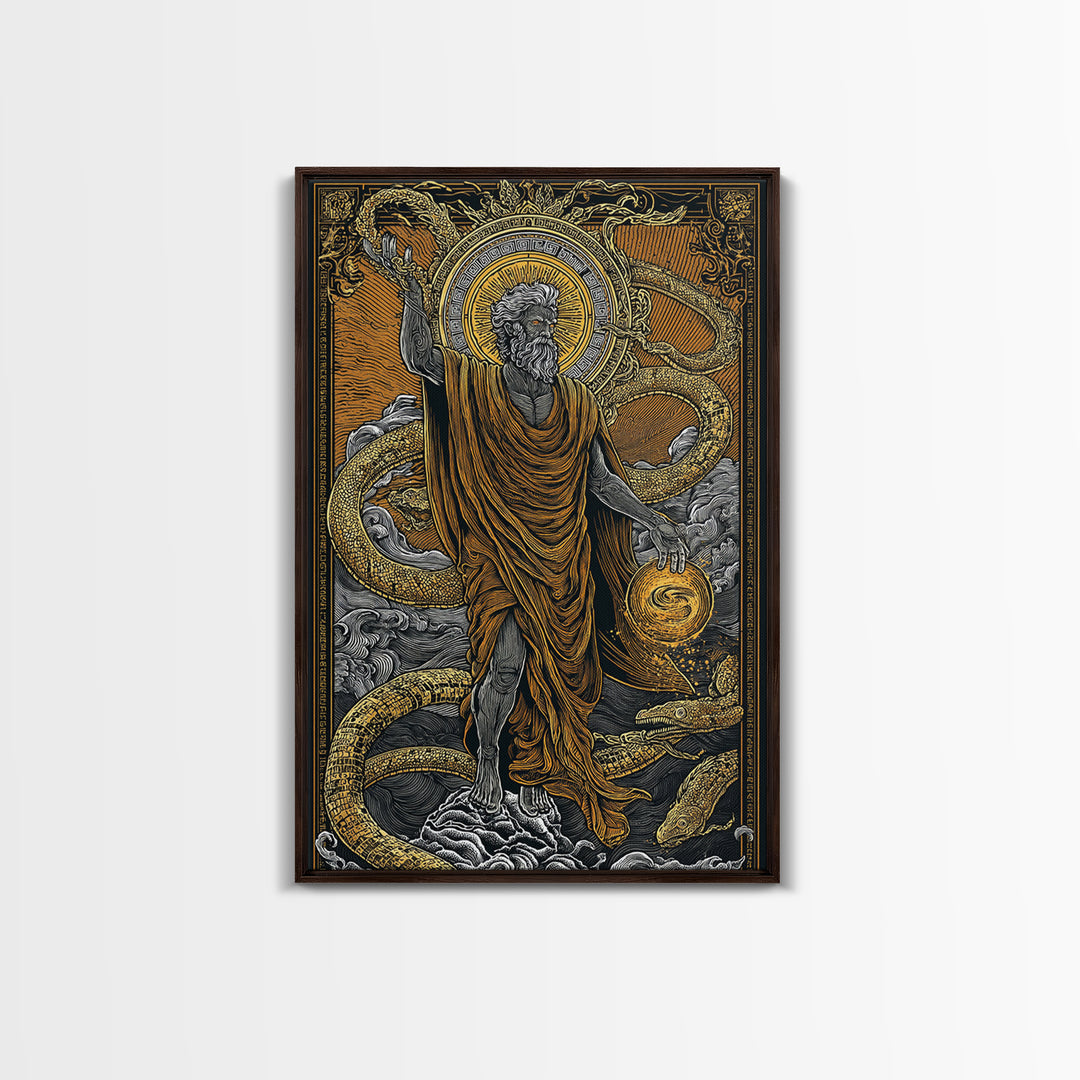 God Of Creation With Ouroboros Serpent, Canvas Gold Canvas Print, Ancient Mythology Decorative Wall Art, Real Wood Frame Artwork