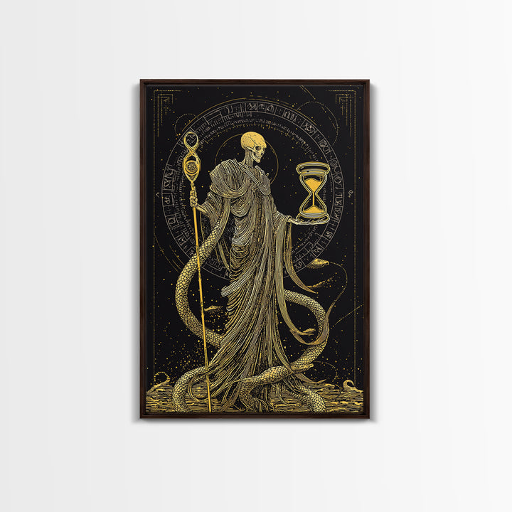 Chronos Canvas Gold Canvas Print, Mythological Skeleton Holding Hourglass, Esoteric Wall Art, Real Wood Framed Artwork