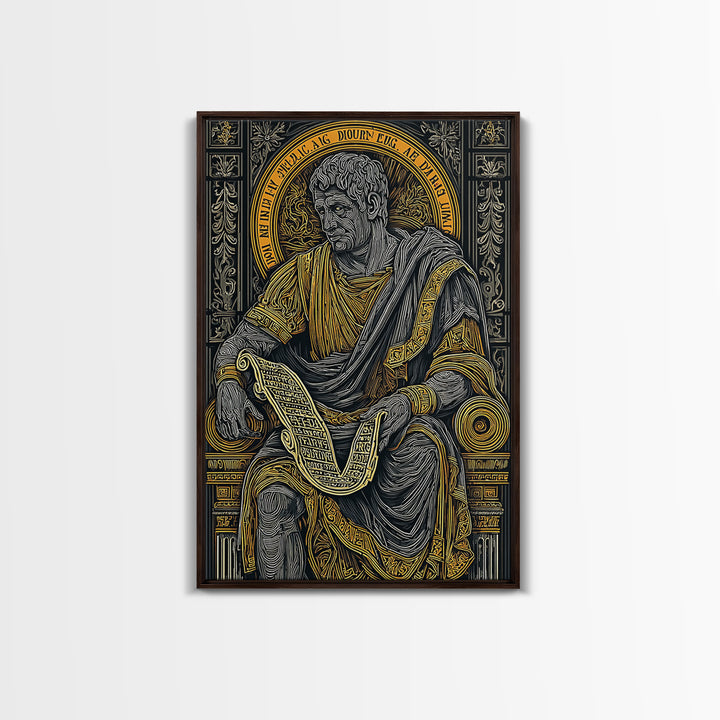 Cicero Canvas Gold Canvas Print, Roman Philosopher Scroll Portrait, Stoic Thinker Artwork, Real Wood Frame Home Decor