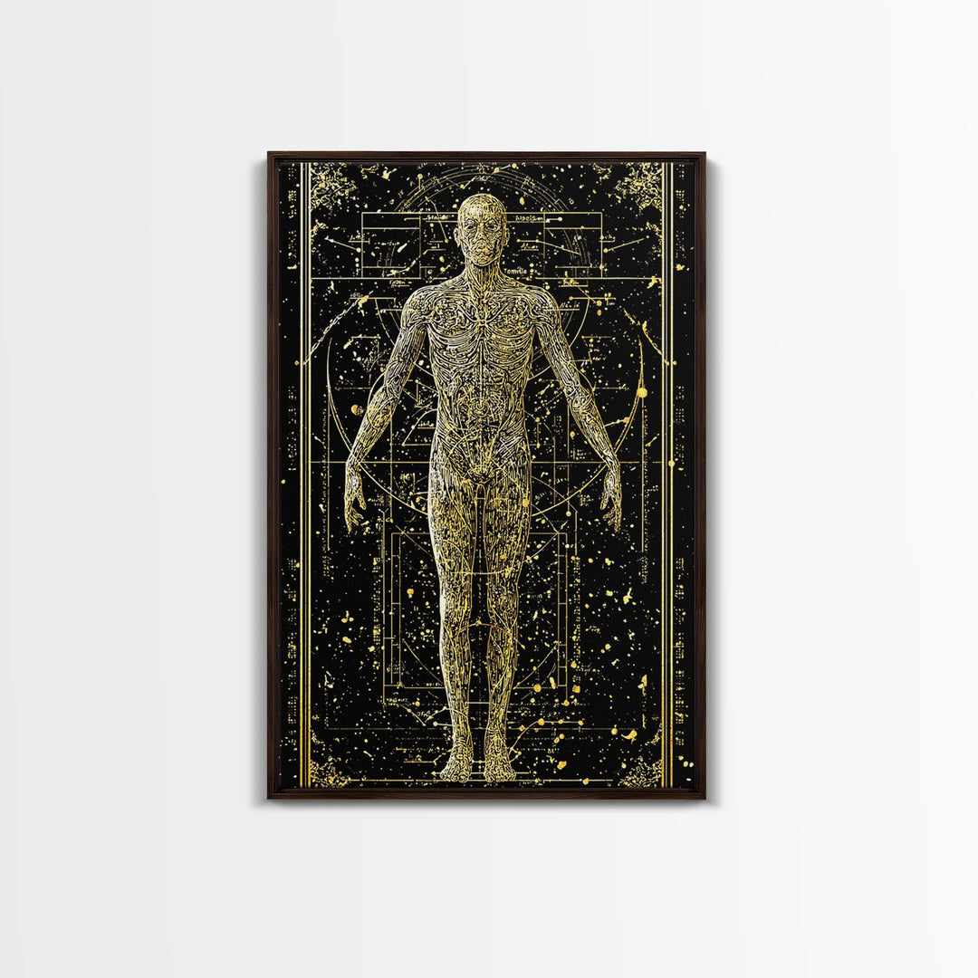 Vitruvian Human Anatomy Canvas Gold Canvas Print, Sacred Geometry Wall Art, Celestial Body Illustration, Real Wood Frame Decor