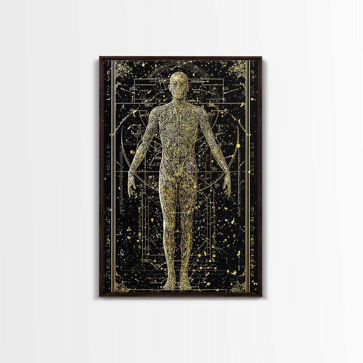Vitruvian Human Anatomy Canvas Gold Canvas Print, Sacred Geometry Wall Art, Celestial Body Illustration, Real Wood Frame Decor