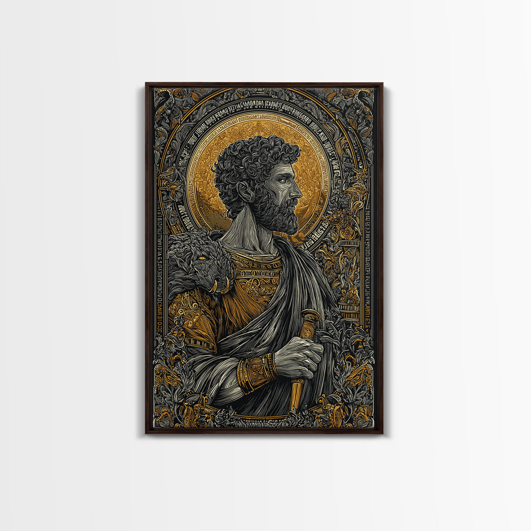 Commodus Canvas Gold Canvas Print, Roman Emperor With Sword Portrait, Historical Warrior Wall Art, Real Wood Framed Piece