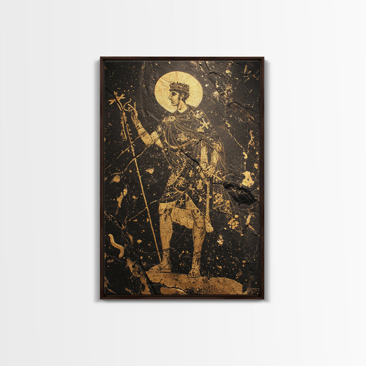 Constantine Canvas Gold Canvas Print, Byzantine Roman Emperor Holding Staff Artwork, Regal Historical Wall Art, Wood Frame