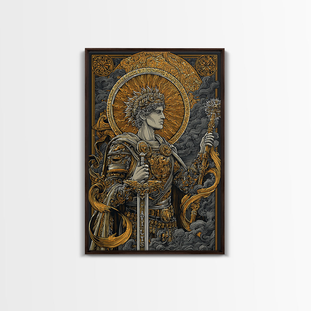 Classical Warrior God Artwork, Canvas Gold Canvas Print, Mythology Wall Art, Ancient Roman Style, Real Wood Frame Decor