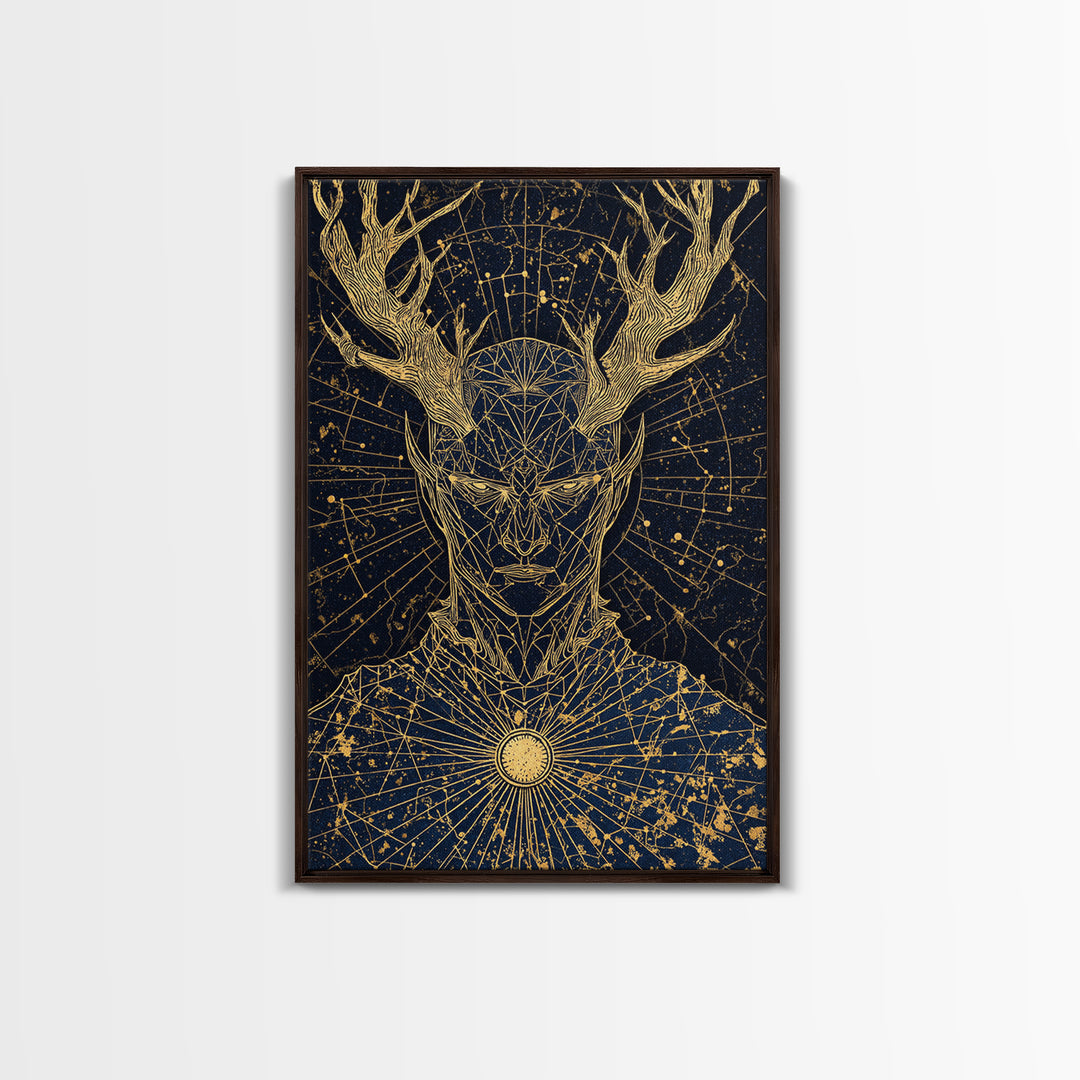 Geometric Antler God Artwork, Canvas Gold Art Print, Mythology Constellation Wall Decor, Cosmic Style, Real Wood Frame