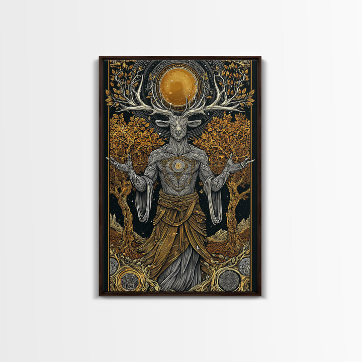 Forest Deer God Artwork, Canvas Gold Canvas Print, Pagan Mythology Wall Art, Nature Spirit Decor, Real Wood Frame Accent