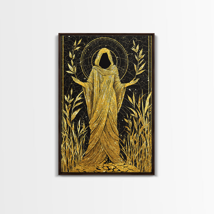 Mystical Hooded Figure Artwork, Canvas Gold Art Print, Mythology Spiritual Wall Decor, Divine Goddess Style, Real Wood Frame