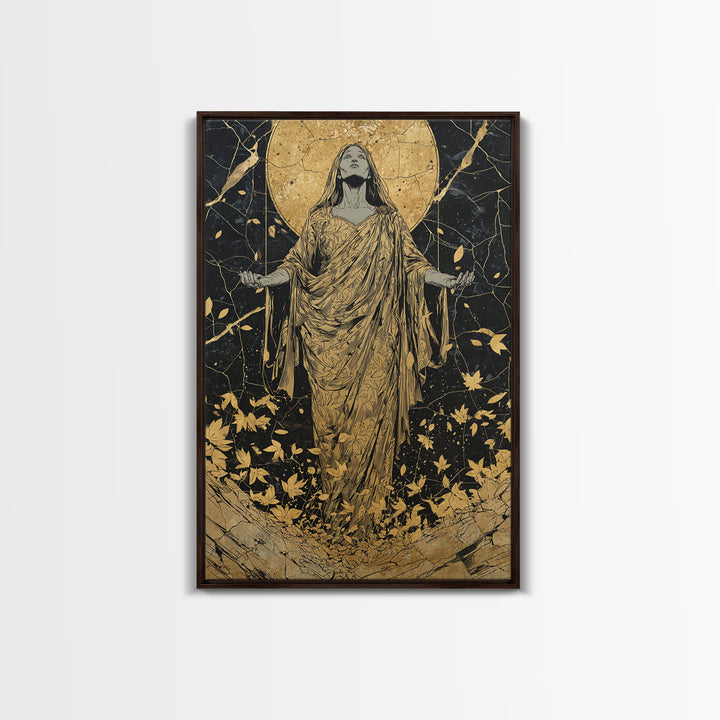 Ancient Goddess Rising Artwork, Canvas Gold Canvas Print, Mythology Divine Feminine Wall Art, Celestial Style, Real Wood Frame