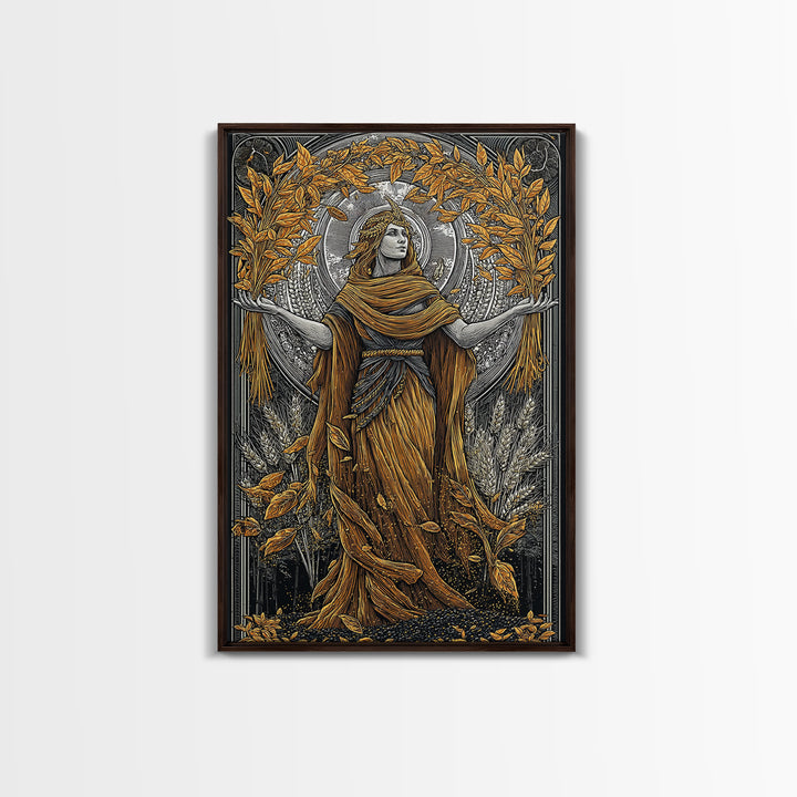 Harvest Goddess Artwork, Canvas Gold Art Print, Ancient Mythology Wall Decor, Wheat and Leaves Motif, Real Wood Frame Display