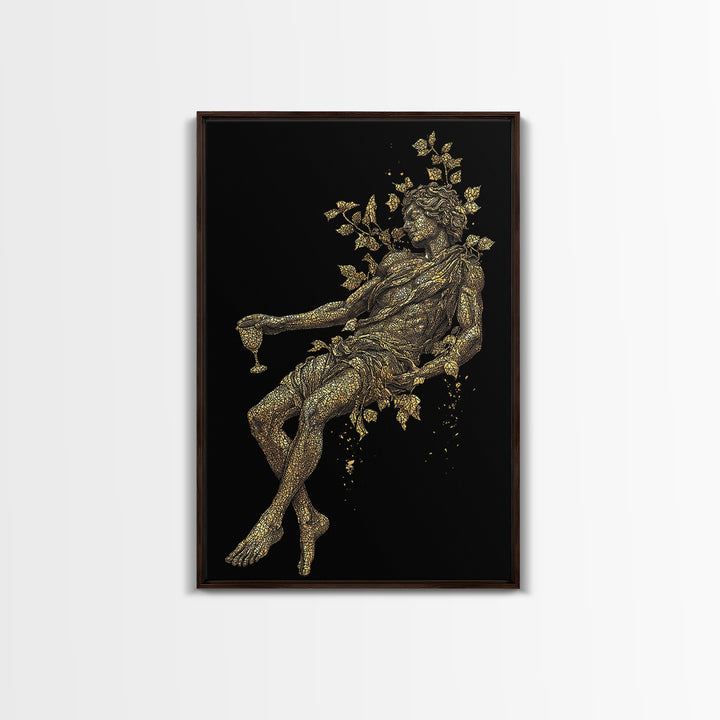 Resting God With Wine Artwork, Canvas Gold Canvas Print, Mythology Dionysus Inspired Wall Art, Mosaic Style, Real Wood Frame
