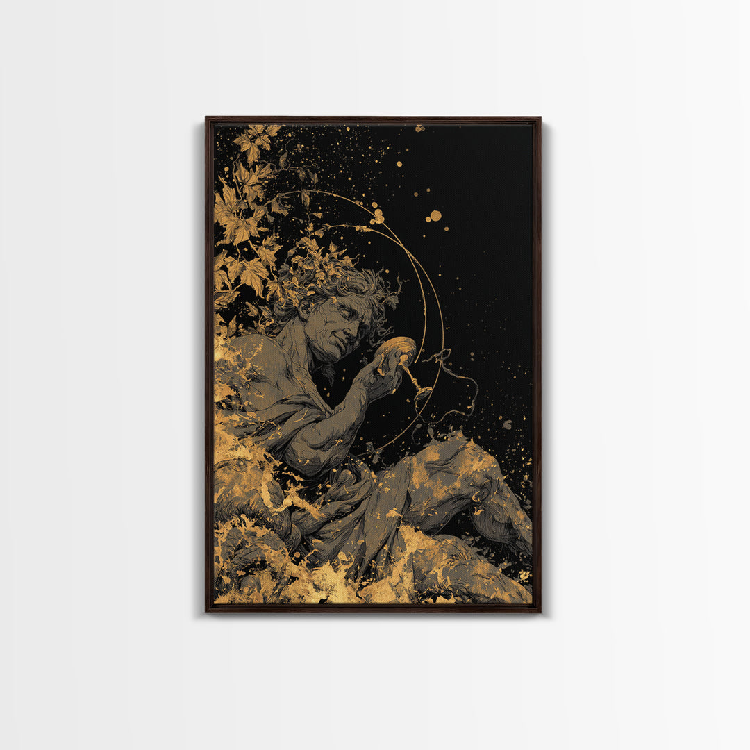 Mythology God Drinking Artwork, Canvas Gold Canvas Print, Ancient Dionysus Inspired Wall Art, Wine Motif Decor, Real Wood Frame