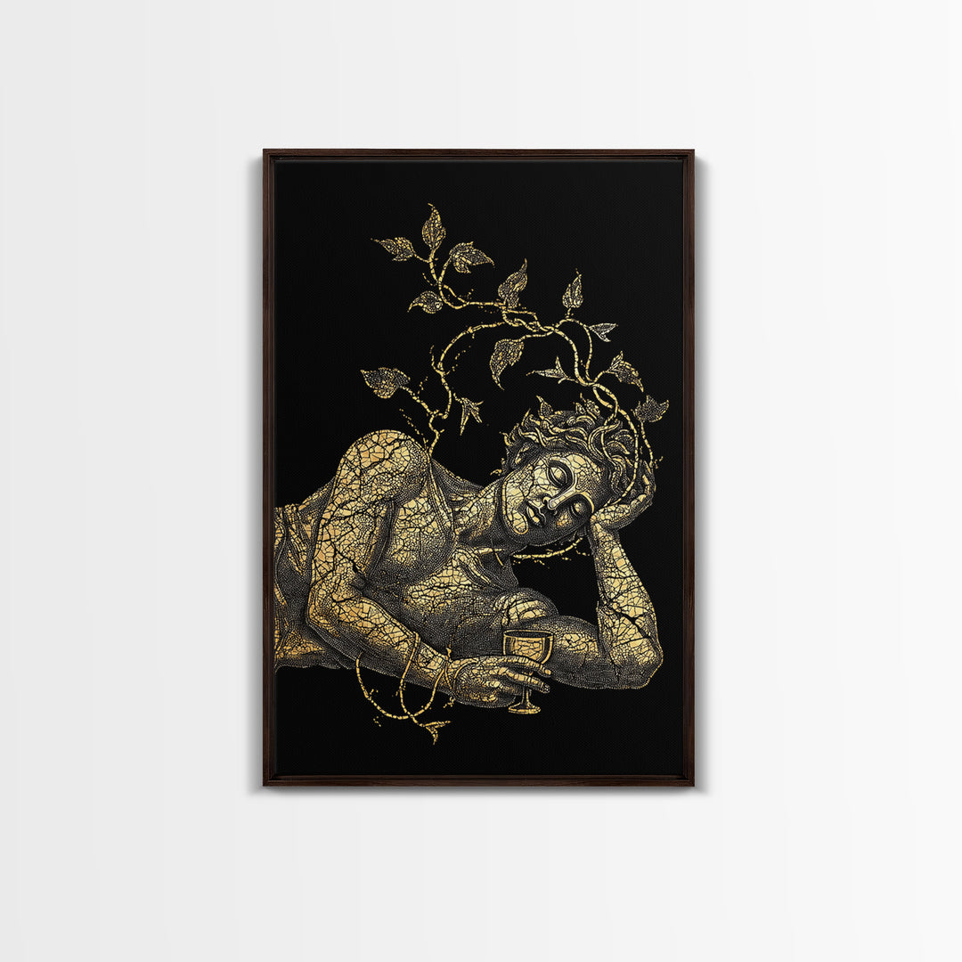 Sleeping God With Vines Artwork, Canvas Gold Art Print, Mythology Dionysus Inspired Wall Decor, Mosaic Style, Real Wood Frame