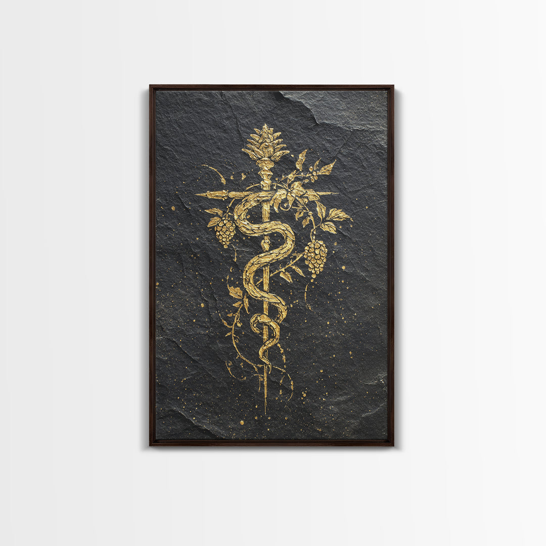 Mythical Serpent Staff Canvas Gold Canvas Print, Ancient Symbolic Snake Art, Luxury Decor With Real Wood Frame
