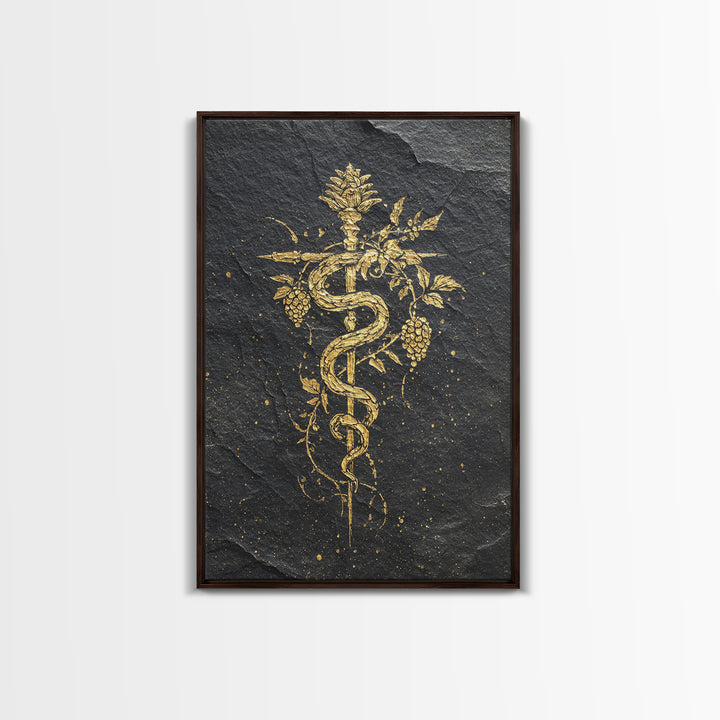 Mythical Serpent Staff Canvas Gold Canvas Print, Ancient Symbolic Snake Art, Luxury Decor With Real Wood Frame