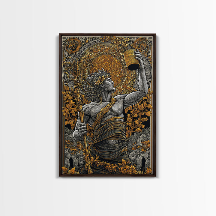 Dionysus Celebration Canvas Gold Canvas Print, Greek God Of Wine Wall Art, Mythology Decor With Real Wood Frame