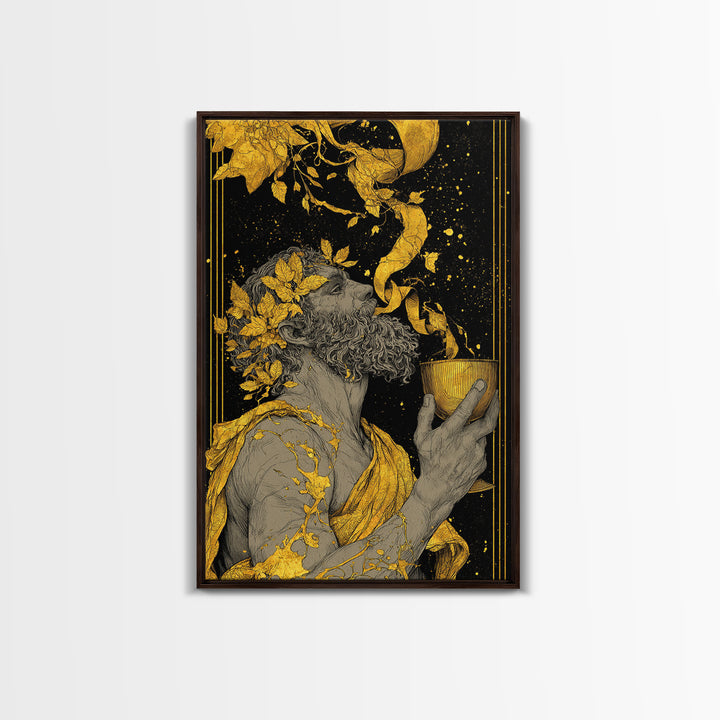 Bearded Dionysus Canvas Gold Canvas Print, Greek Mythology Wine God Wall Art, Regal Luxury Decor With Real Wood Frame