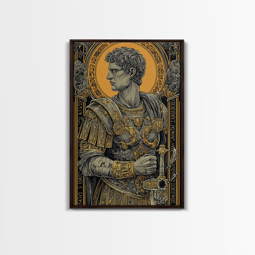 Roman General Portrait Canvas Gold Canvas Print, Ancient Warrior Wall Art, Regal Classical Decor With Real Wood Frame
