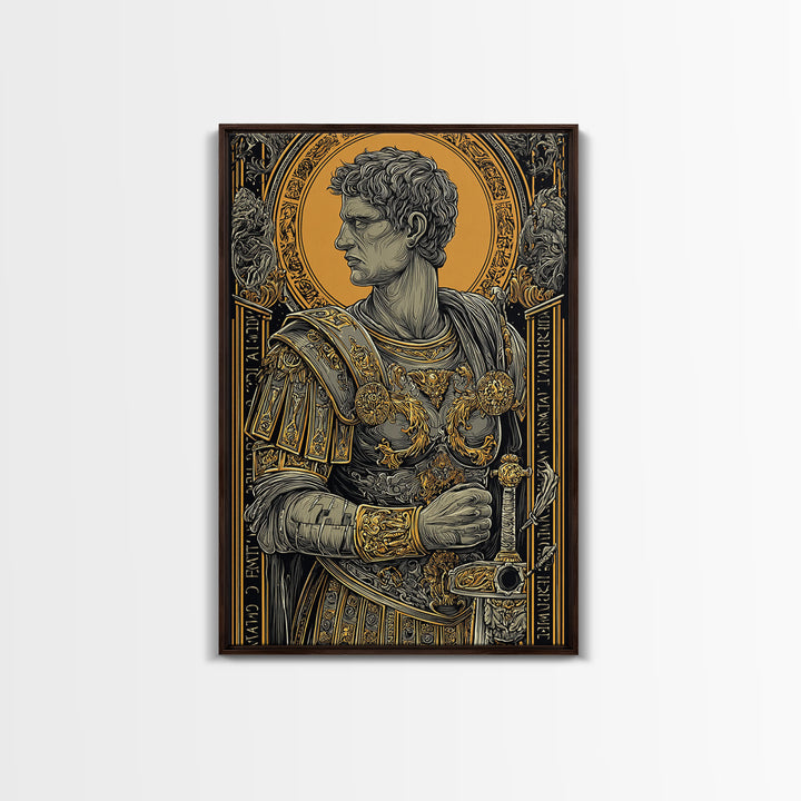 Roman General Portrait Canvas Gold Canvas Print, Ancient Warrior Wall Art, Regal Classical Decor With Real Wood Frame