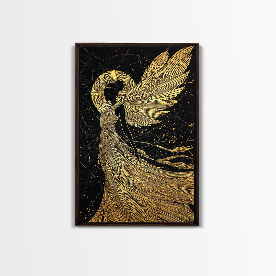 Golden Angelic Silhouette Canvas Gold Canvas Print, Elegant Divine Figure Art, Celestial Decor With Real Wood Frame