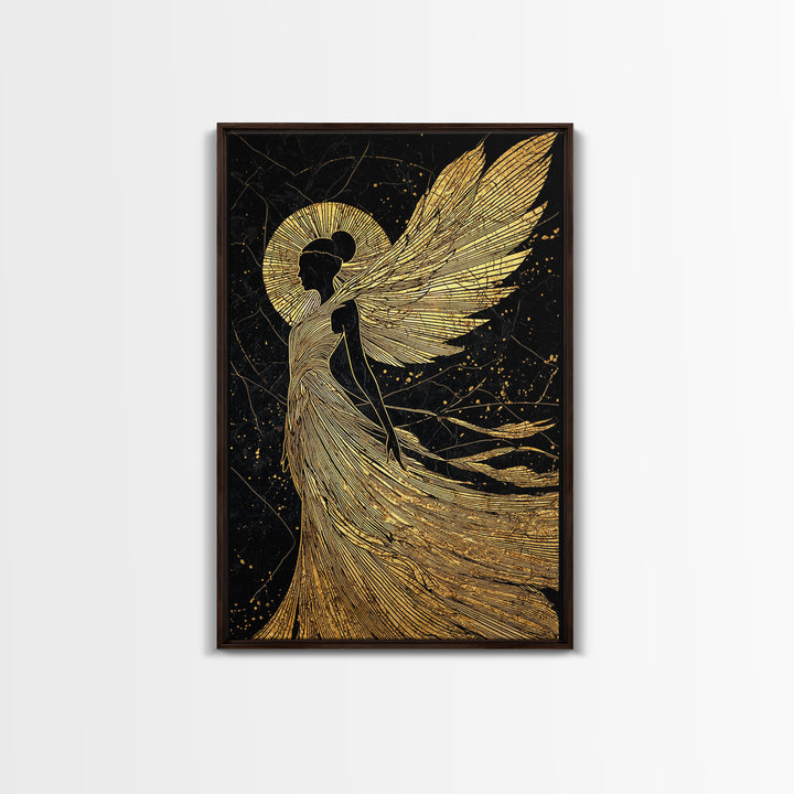 Golden Angelic Silhouette Canvas Gold Canvas Print, Elegant Divine Figure Art, Celestial Decor With Real Wood Frame