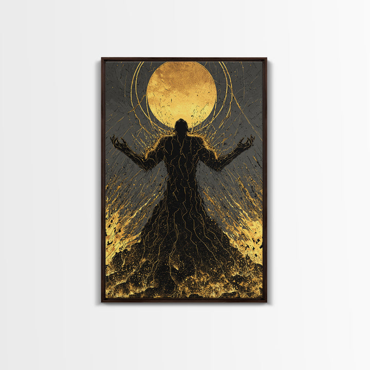 Cosmic Ascension Canvas Gold Canvas Print, Abstract Silhouette Moon Art, Spiritual Mythology Decor With Real Wood Frame