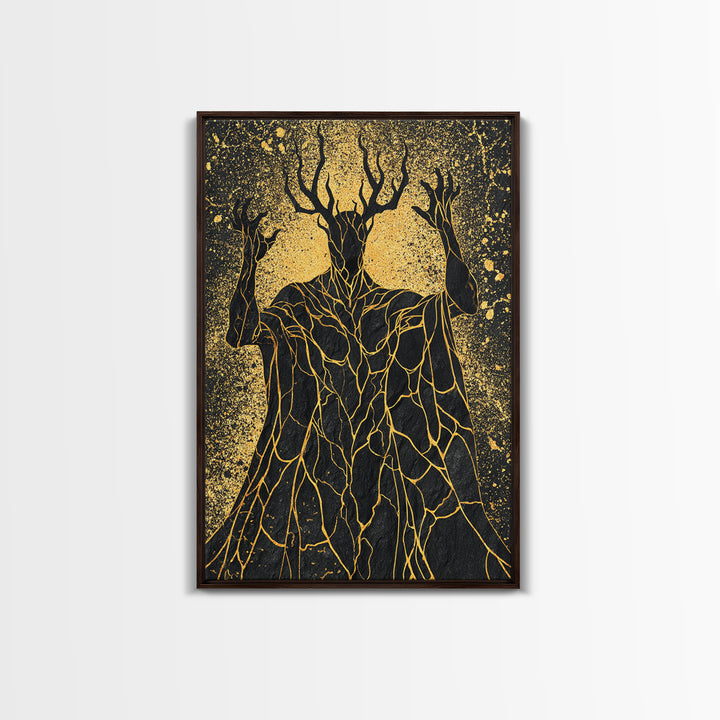 Antlered Mythical Deity Canvas Gold Canvas Print, Fantasy Abstract Wall Art, Mystical Surreal Figure, Real Wood Frame